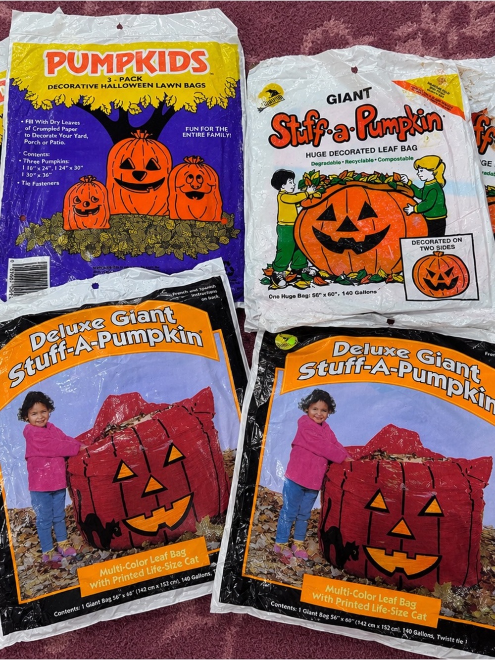 1990s deadstock Giant Stuff-A-Pumpkin Jack o lantern leaf bags Halloween decor